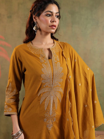 Mustard Pure Cotton Embroidered Kurta Set with Farsi Salwar