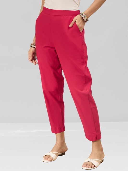 Bright Red Cotton Flex Pants with Side Pockets