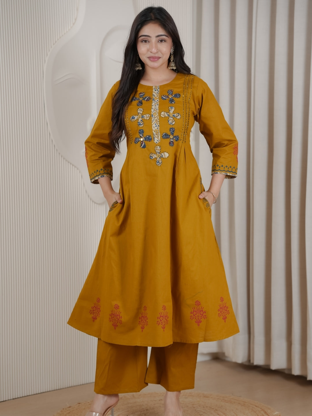 Mustard Dhabu Cotton A-Line Kurta Set with Applique Handwork
