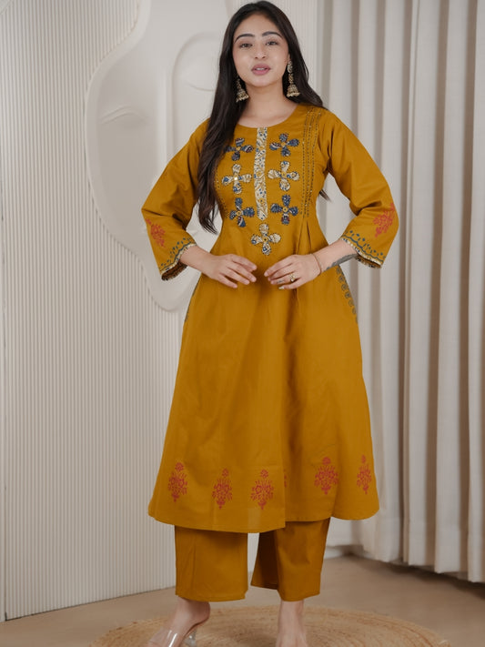 Mustard Dhabu Cotton A-Line Kurta Set with Applique Handwork