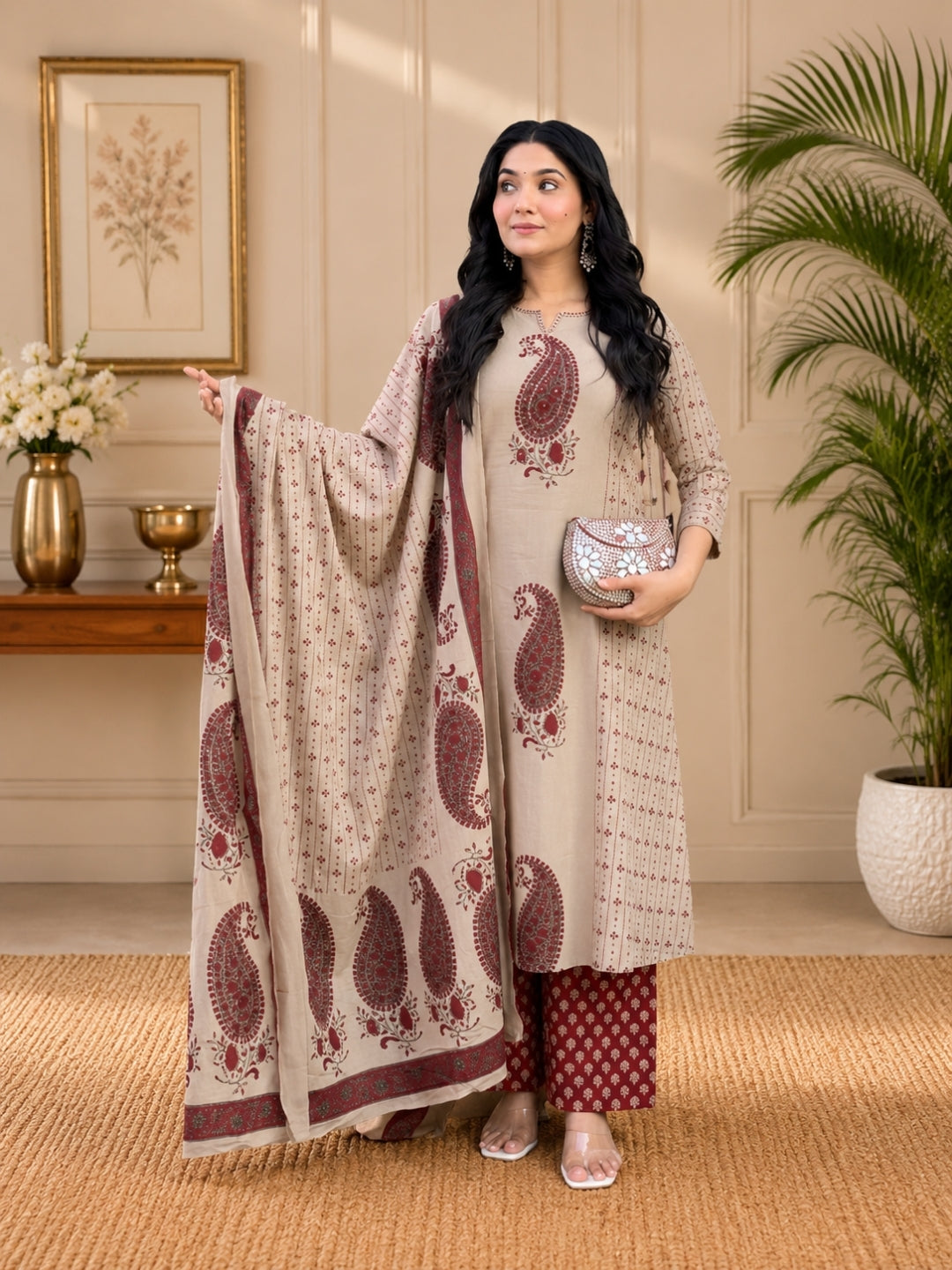 Beige Cotton Kurta Set with Paisley Print & Dupatta – Ethnic Wear
