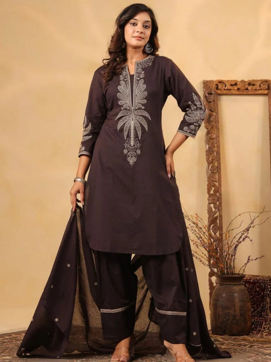 Dark Brown Pure Cotton Embroidered Kurta Set with Farsi Salwar