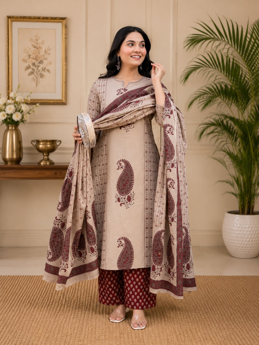 Beige Cotton Kurta Set with Paisley Print & Dupatta – Ethnic Wear