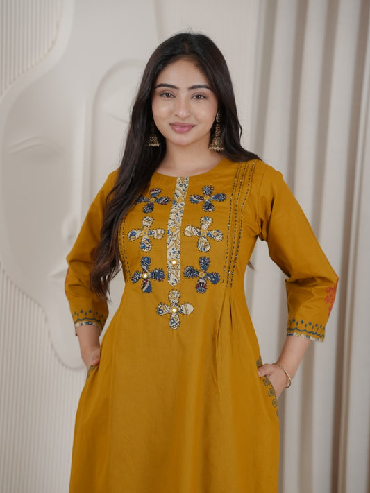 Mustard Dhabu Cotton A-Line Kurta Set with Applique Handwork