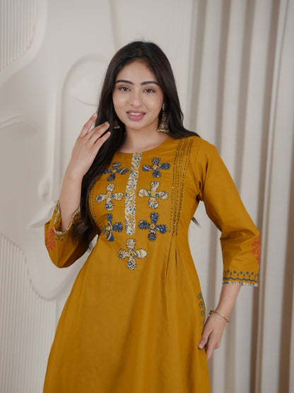 Mustard Dhabu Cotton A-Line Kurta Set with Applique Handwork