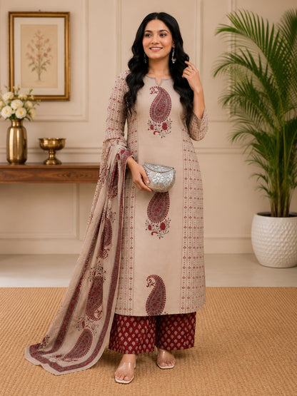 Beige Cotton Kurta Set with Paisley Print & Dupatta – Ethnic Wear