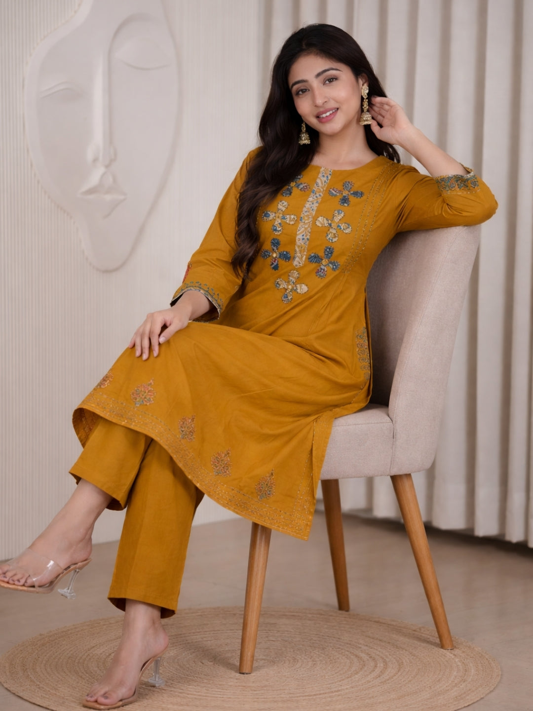 Mustard Dhabu Cotton A-Line Kurta Set with Applique Handwork