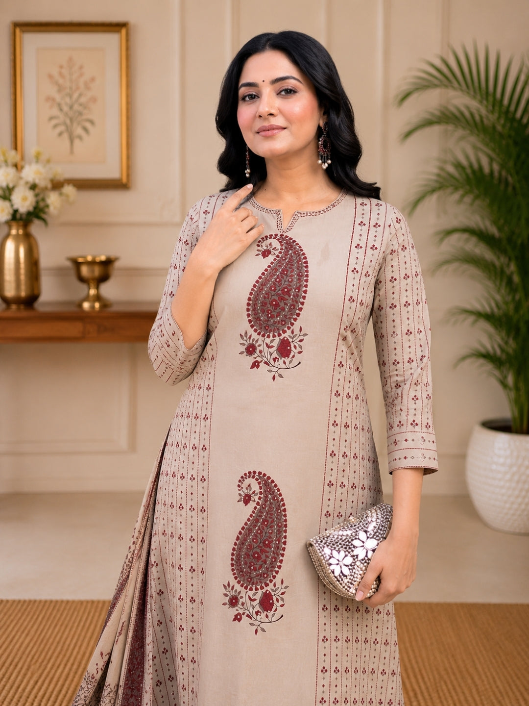 Beige Cotton Kurta Set with Paisley Print & Dupatta – Ethnic Wear