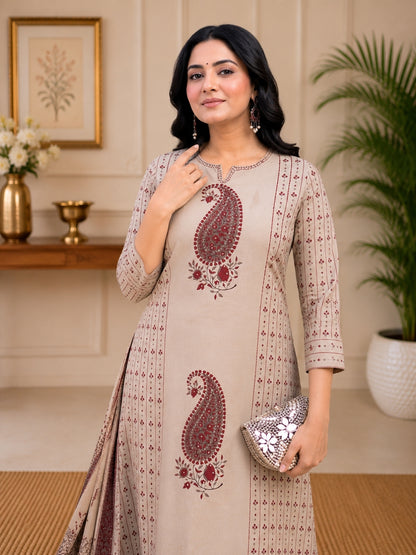 Beige Cotton Kurta Set with Paisley Print & Dupatta – Ethnic Wear