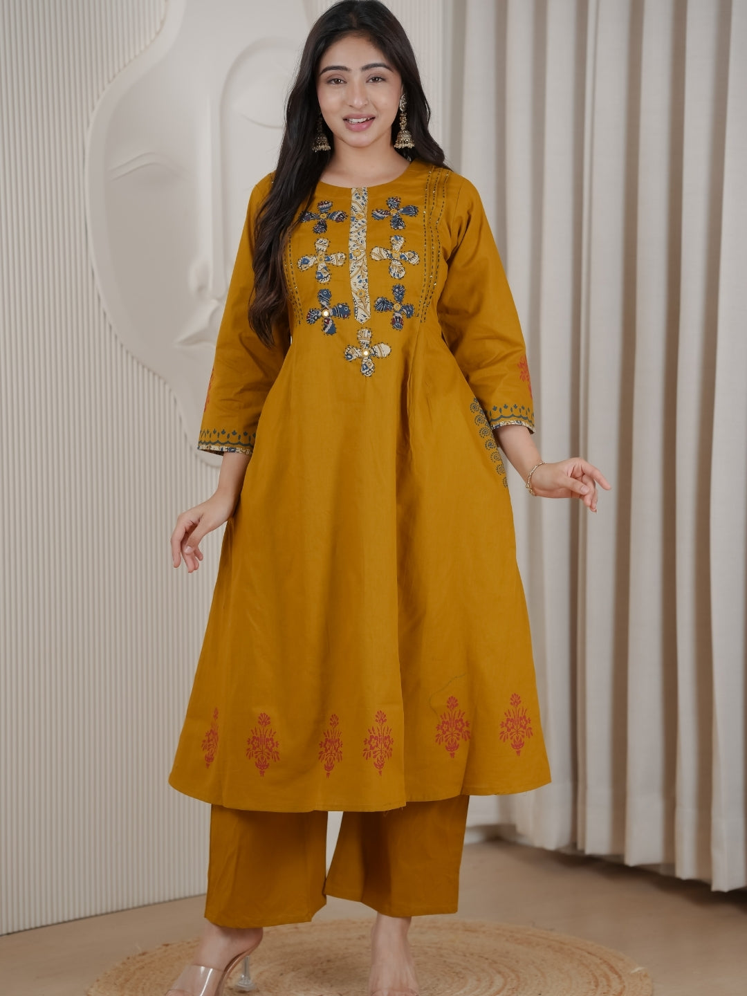 Mustard Dhabu Cotton A-Line Kurta Set with Applique Handwork