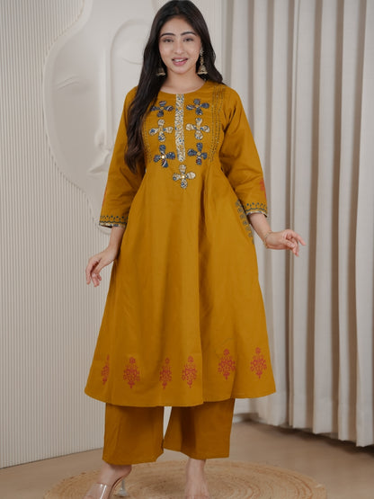 Mustard Dhabu Cotton A-Line Kurta Set with Applique Handwork