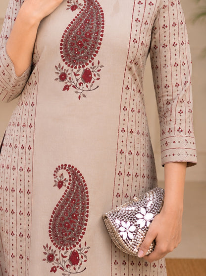 Beige Cotton Kurta Set with Paisley Print & Dupatta – Ethnic Wear