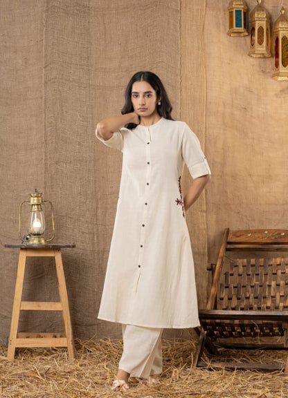 Beige Cotton Slub Kurta and Palazzo Set with Brown Embroidery