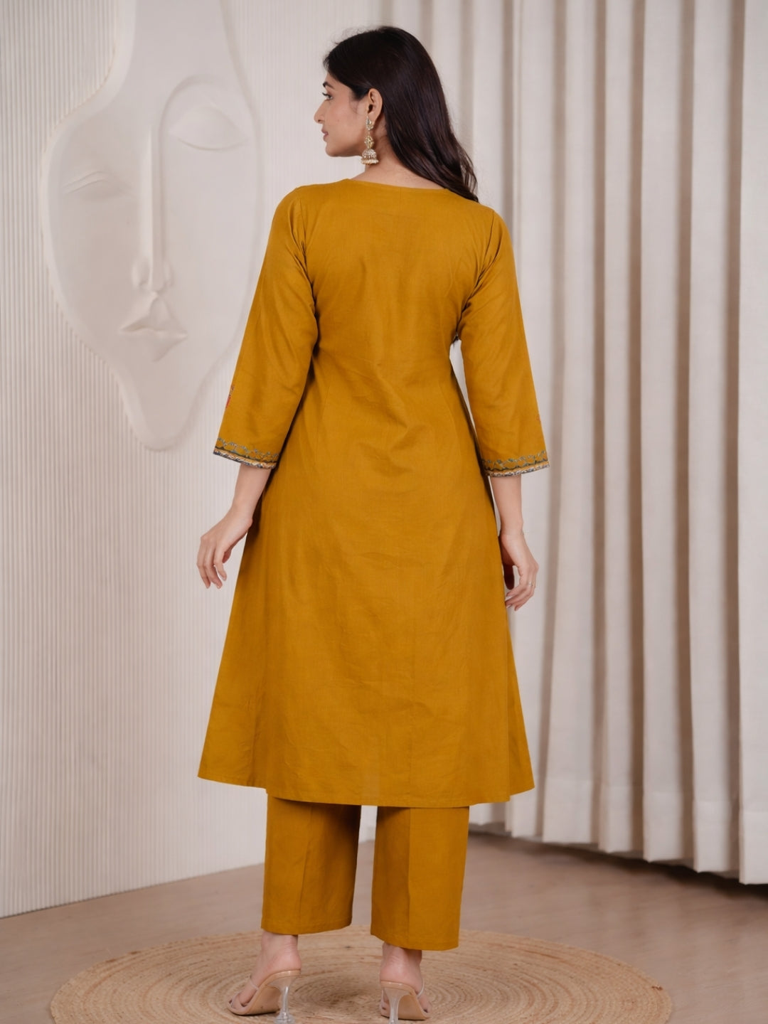 Mustard Dhabu Cotton A-Line Kurta Set with Applique Handwork