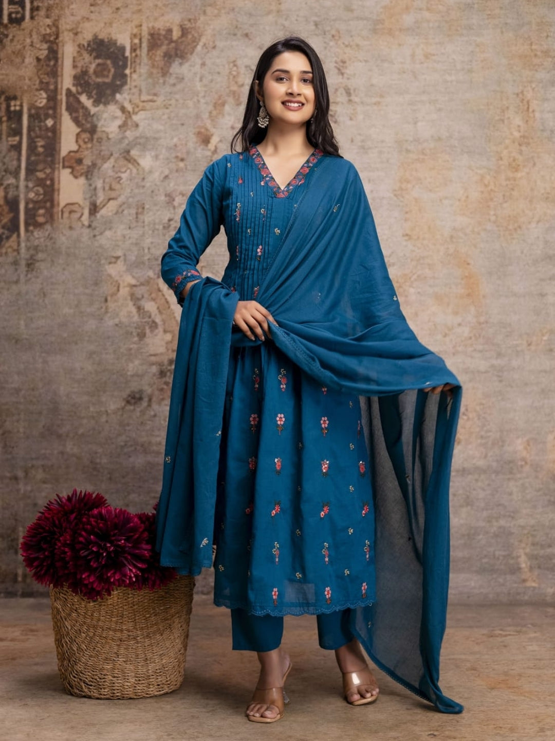 Teal Blue Mul Cotton Anarkali Set with Floral Embroidery – Festive Wear