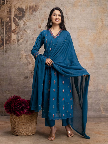 Teal Blue Mul Cotton Anarkali Set with Floral Embroidery – Festive Wear