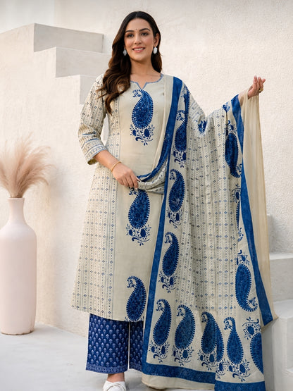Beige Cotton Kurta Set with Blue Paisley Print & Dupatta – Ethnic Wear