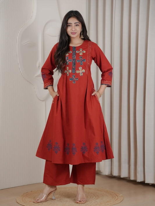 Brick Red Dhabu Cotton A-Line Kurta Set with Applique Handwork