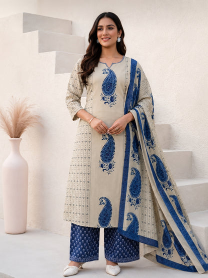Beige Cotton Kurta Set with Blue Paisley Print & Dupatta – Ethnic Wear