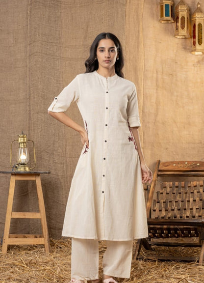 Beige Cotton Slub Kurta and Palazzo Set with Brown Embroidery