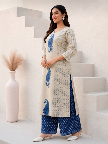 Beige Cotton Kurta Set with Blue Paisley Print & Dupatta – Ethnic Wear