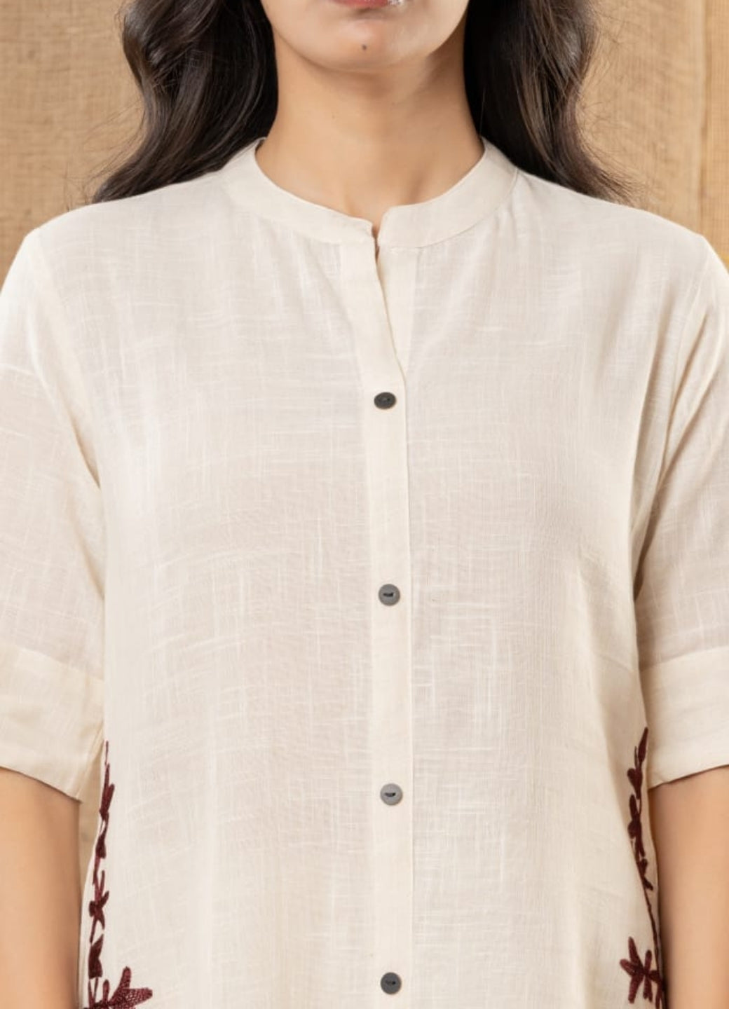 Beige Cotton Slub Kurta and Palazzo Set with Brown Embroidery