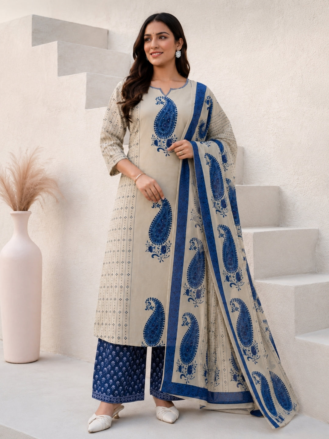Beige Cotton Kurta Set with Blue Paisley Print & Dupatta – Ethnic Wear