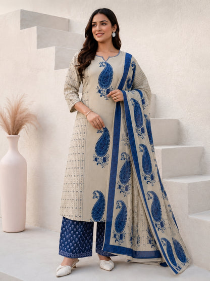 Beige Cotton Kurta Set with Blue Paisley Print & Dupatta – Ethnic Wear