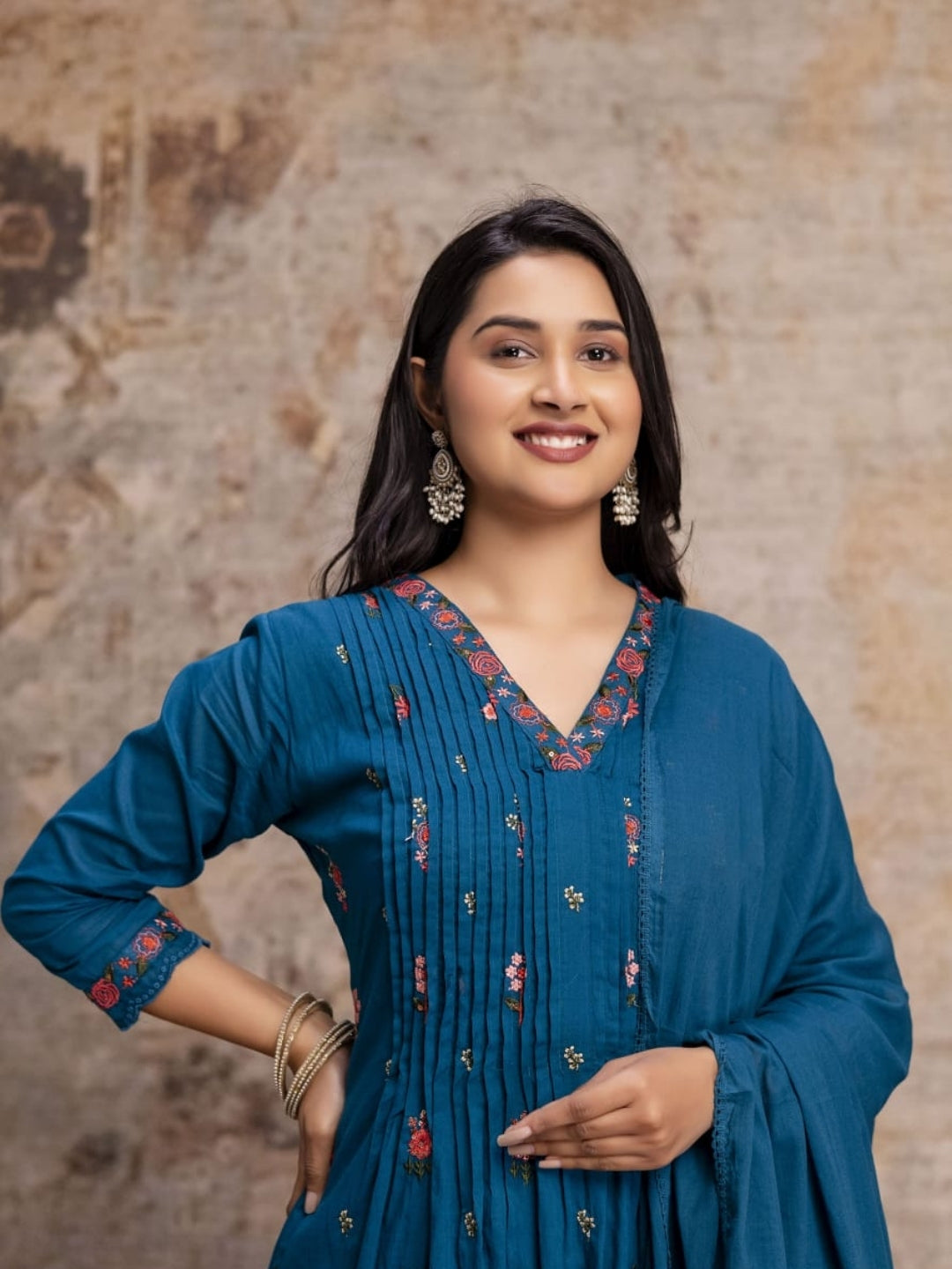 Teal Blue Mul Cotton Anarkali Set with Floral Embroidery – Festive Wear