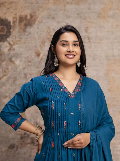 Teal Blue Mul Cotton Anarkali Set with Floral Embroidery – Festive Wear