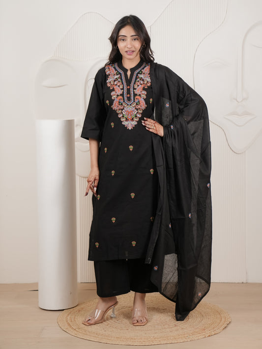 Black Embroidered Cotton Flex Kurta Palazzo Set with Dupatta