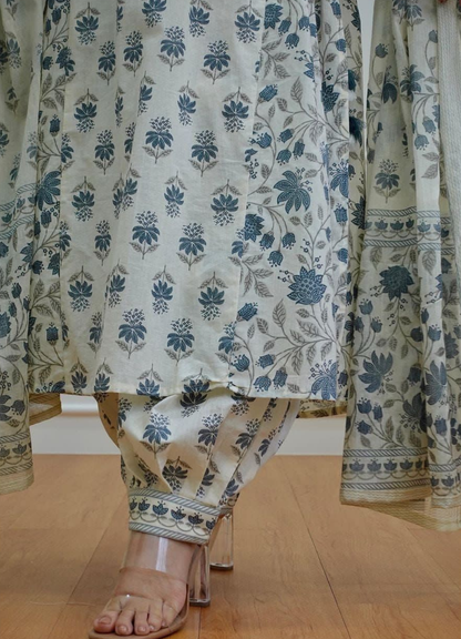 Cream Grey Cotton Afghani Suit Set with Floral Print – Ethnic Wear
