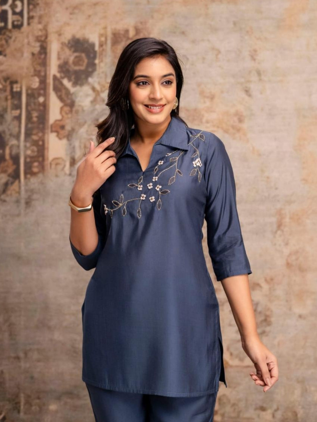 Deep Navy Roman Silk Kurta Pant Set with Handcrafted Floral Embroidery