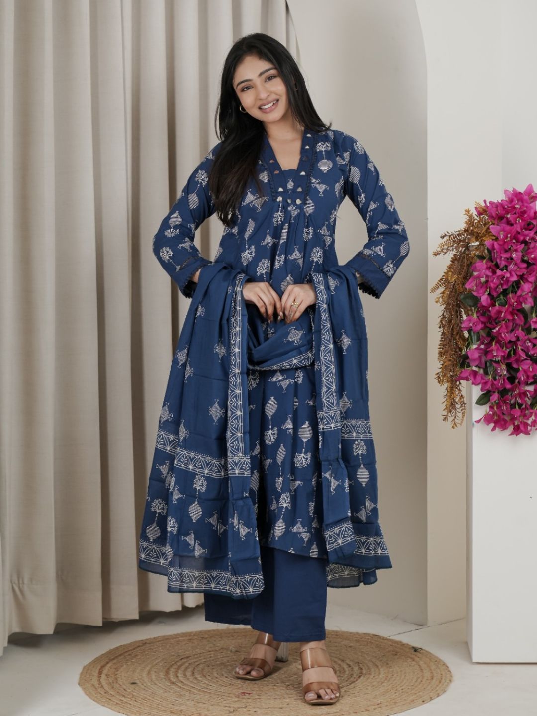 Indigo Blue Jaipuri Cotton A-Line Kurta Set with Ethnic Motifs