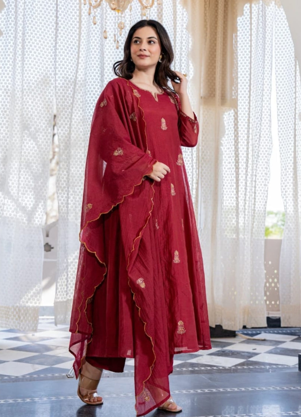 Maroon Mul Chanderi Embroidered Anarkali Suit Set with Dupatta – Festive & Occasion Wear