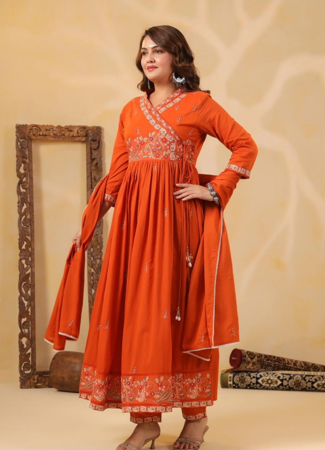 Rust Orange Mul Cotton Angarkha Suit Set with Embroidered Detailing – Ethnic Wear