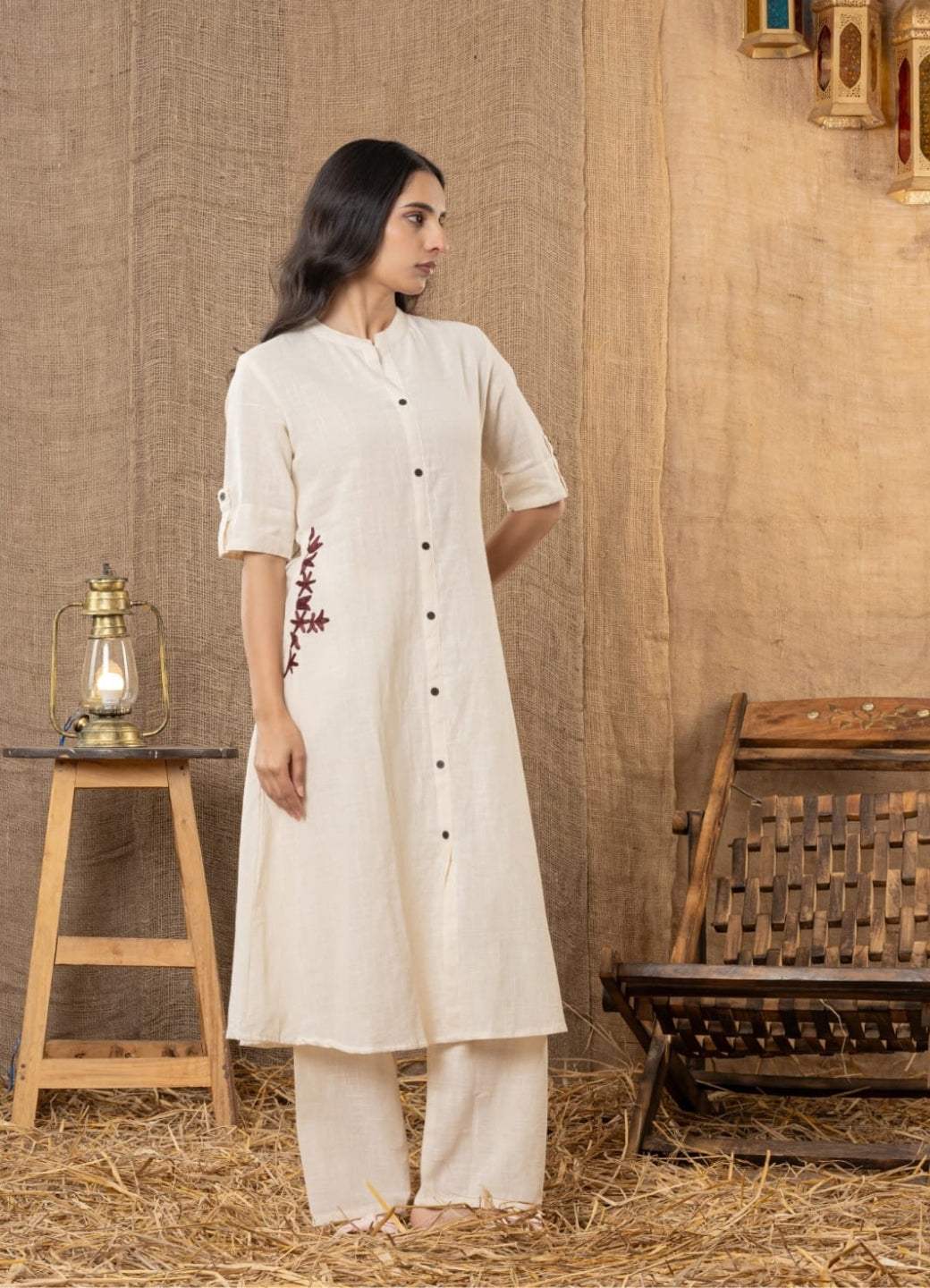 Beige Cotton Slub Kurta and Palazzo Set with Brown Embroidery