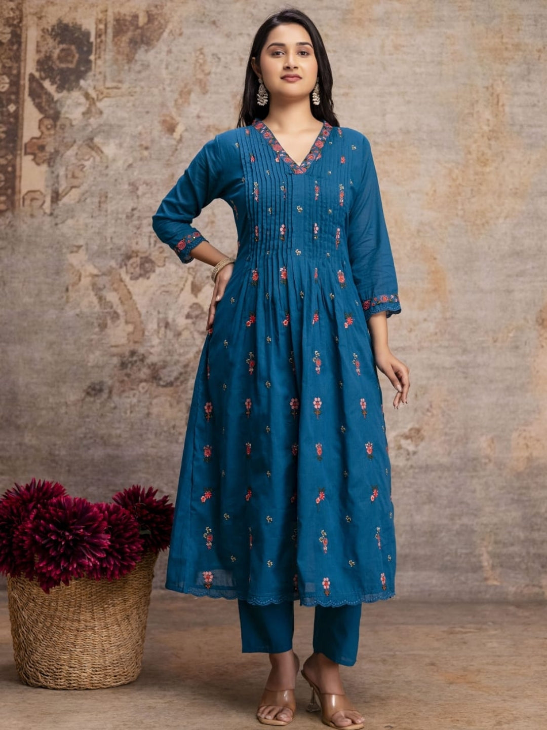 Teal Blue Mul Cotton Anarkali Set with Floral Embroidery – Festive Wear
