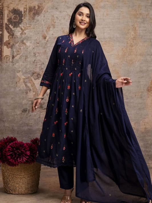 Navy Blue Mul Cotton Anarkali Set with Floral Embroidery – Festive Wear