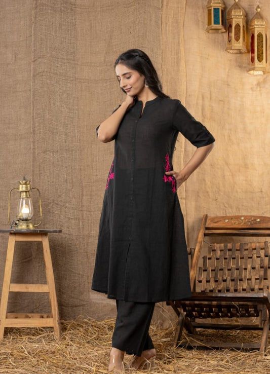 Black Cotton Slub Kurta and Palazzo Set with Pink Floral Embroidery