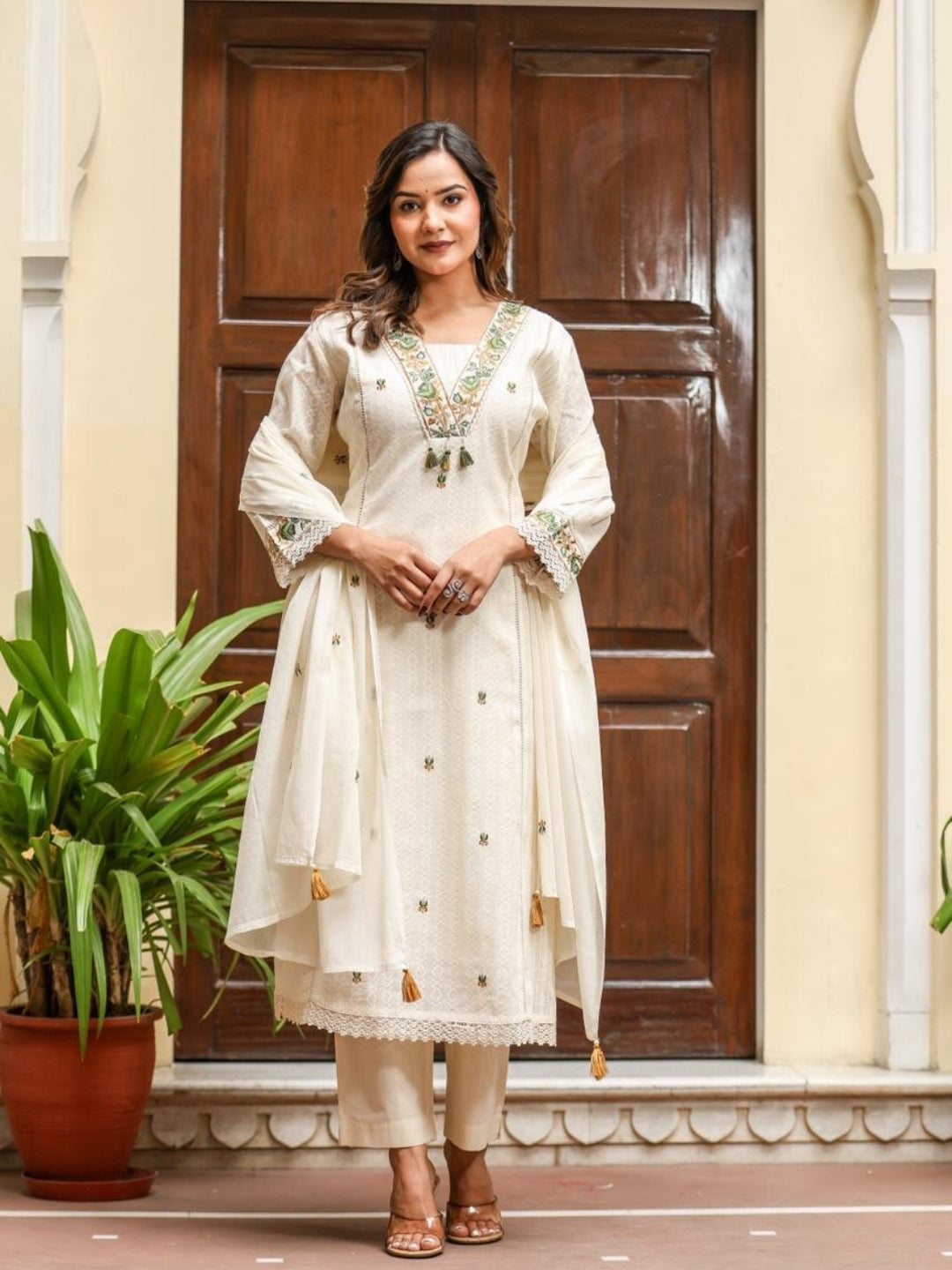 Off White Cotton Kurta Set with Green Embroidery and Dupatta – Ethnic Wear