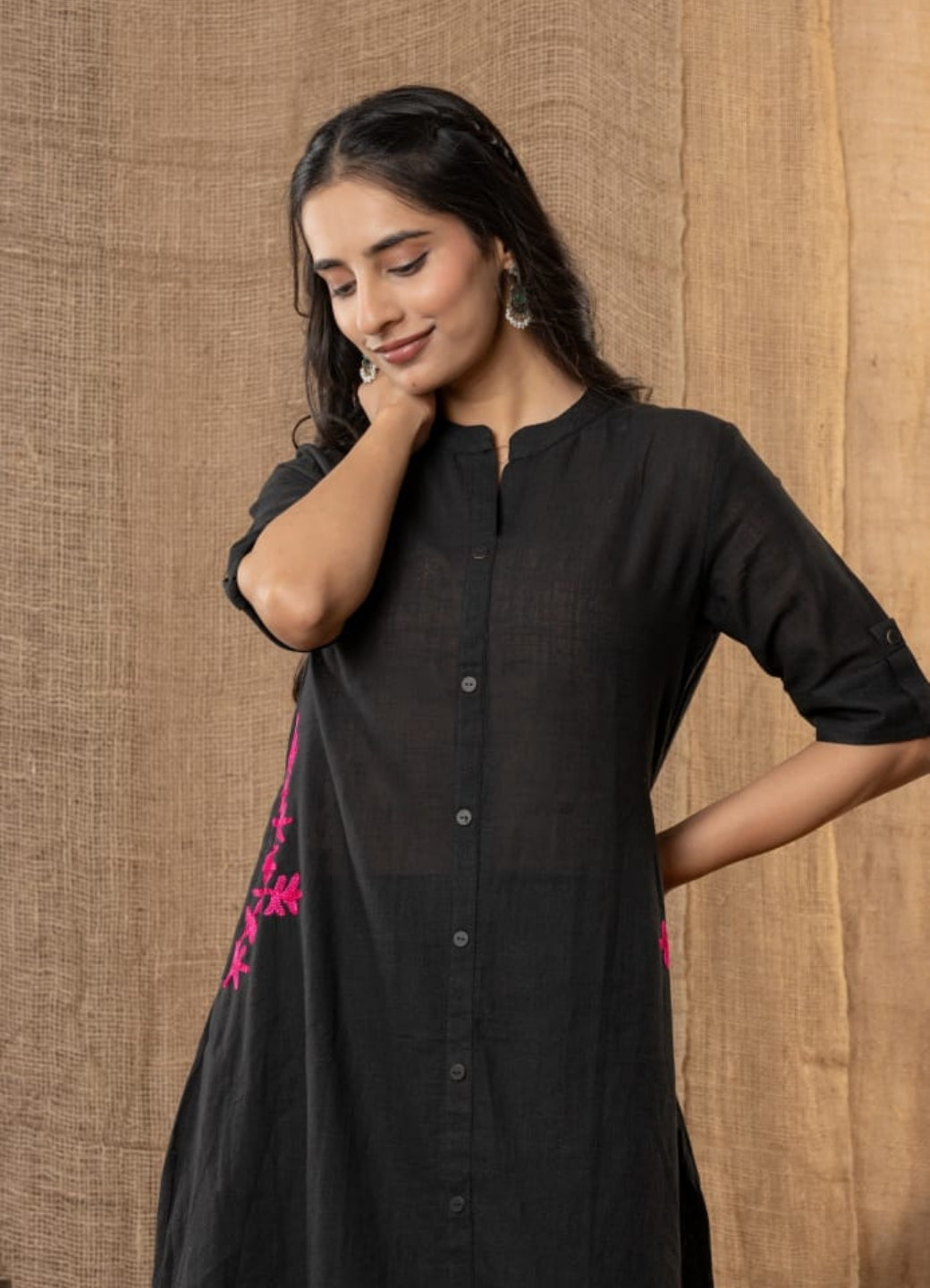 Black Cotton Slub Kurta and Palazzo Set with Pink Floral Embroidery