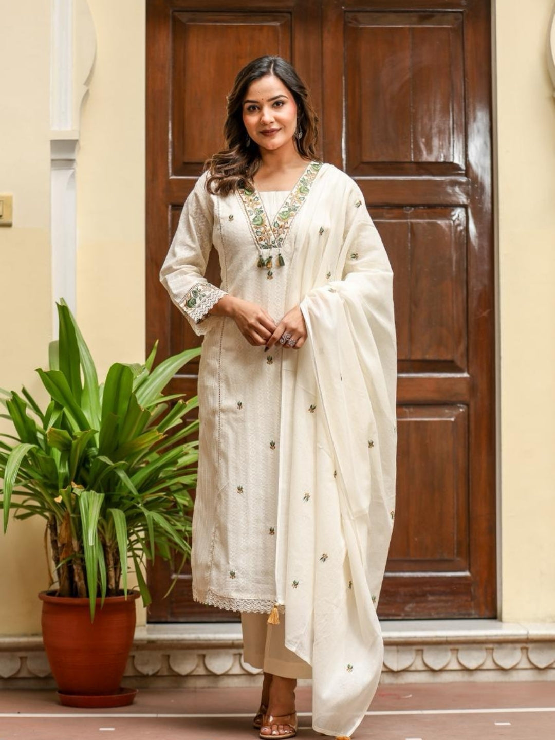 Off White Cotton Kurta Set with Green Embroidery and Dupatta – Ethnic Wear