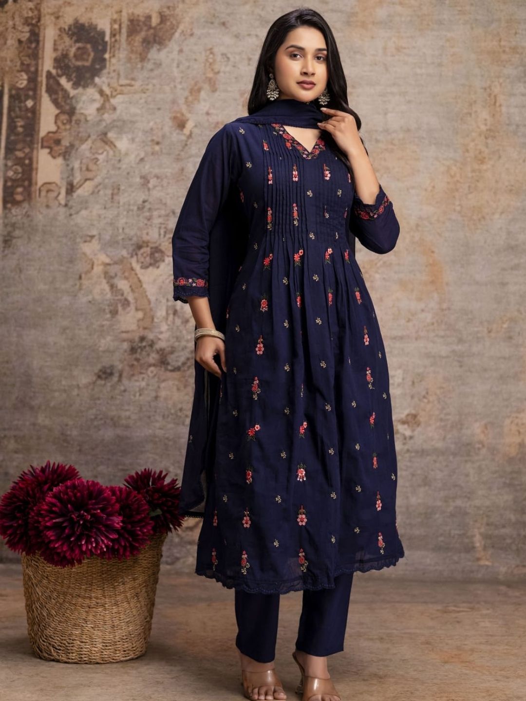 Navy Blue Mul Cotton Anarkali Set with Floral Embroidery – Festive Wear