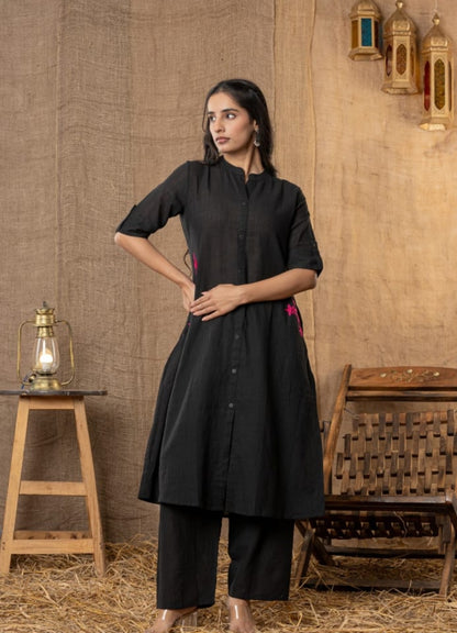 Black Cotton Slub Kurta and Palazzo Set with Pink Floral Embroidery