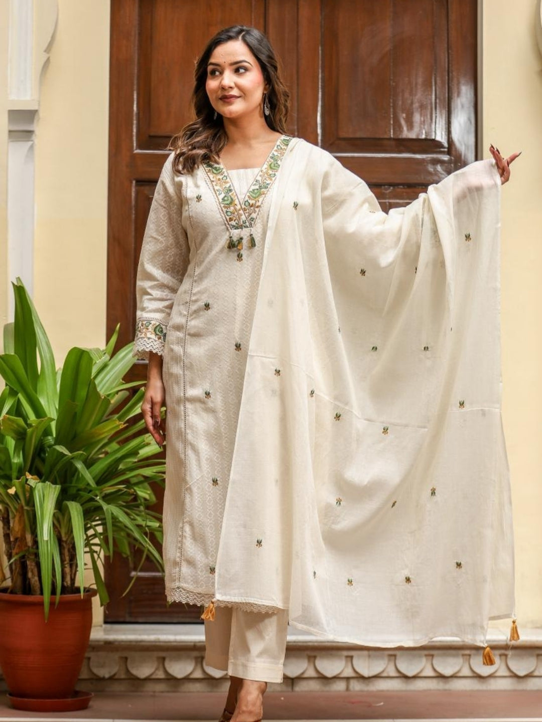 Off White Cotton Kurta Set with Green Embroidery and Dupatta – Ethnic Wear