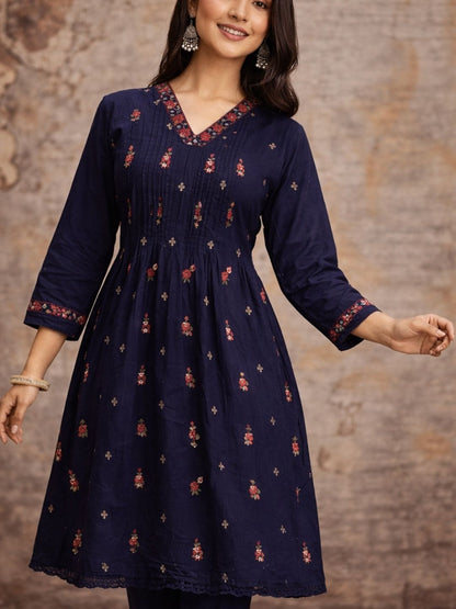 Navy Blue Mul Cotton Anarkali Set with Floral Embroidery – Festive Wear