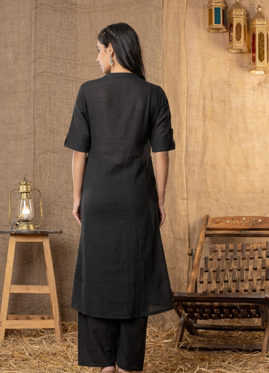 Black Cotton Slub Kurta and Palazzo Set with Pink Floral Embroidery