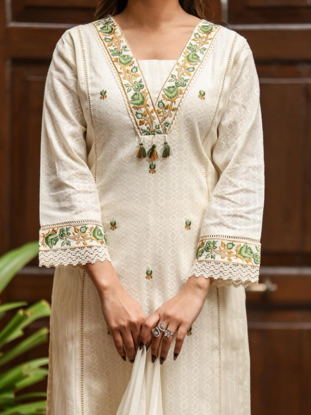 Off White Cotton Kurta Set with Green Embroidery and Dupatta – Ethnic Wear