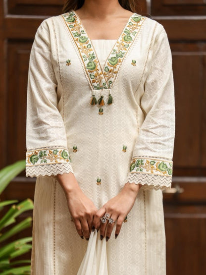 Off White Cotton Kurta Set with Green Embroidery and Dupatta – Ethnic Wear